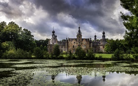 Belgien, Ooidonk Castle, Teich, Bäume, Wolken, Dämmerung HD Hintergrundbilder