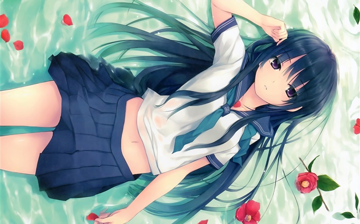 Blauen Haaren anime Mädchen, Pose, liegend Gras, Blumen Hintergrundbilder Bilder