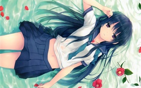 Blauen Haaren anime Mädchen, Pose, liegend Gras, Blumen