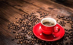 Kaffeebohnen , rote Tasse, Untertasse , Dampf HD Hintergrundbilder
