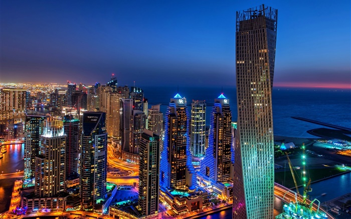 Dubai, VAE, Stadt, Abend, Lichter, Wolkenkratzer Hintergrundbilder Bilder