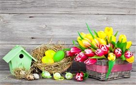 Ostern, bunte Eier, Tulpen Blumen HD Hintergrundbilder