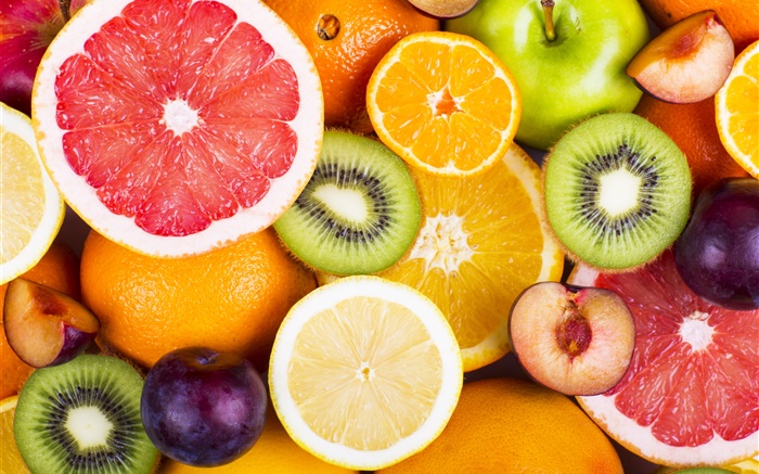 Frisches Obst, Beeren, Orangen, Kiwi, Grapefruit, Äpfel Hintergrundbilder Bilder