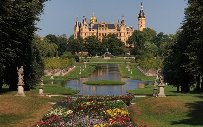 Deutschland, Schwerin, Schloss, Architektur, Park, Bäume, Blumen Hintergrundbilder Bilder