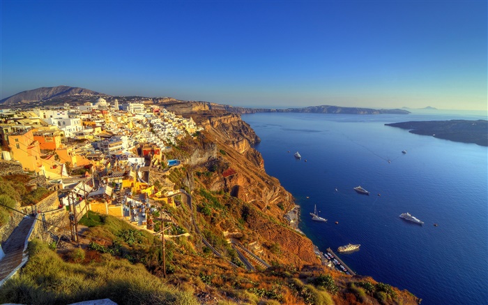 Griechenland, Santorini, Küste, Meer, Boote, Bucht, Häuser Hintergrundbilder Bilder