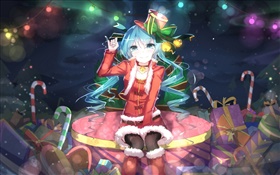 Hatsune Miku, Weihnachten anime Mädchen, Hut, Lächeln, Geschenke HD Hintergrundbilder