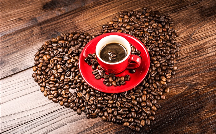 Liebesherzen  Kaffeebohnen , Getreide, rote Tasse, Untertasse Hintergrundbilder Bilder