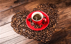 Liebesherzen  Kaffeebohnen , Getreide, rote Tasse, Untertasse HD Hintergrundbilder
