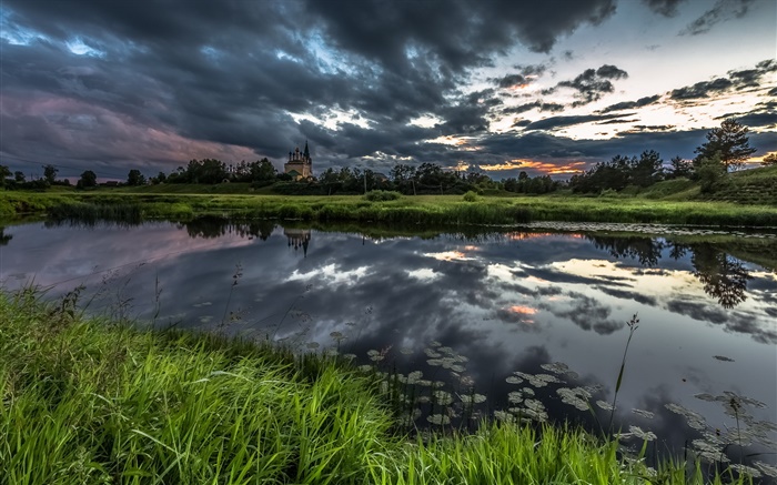 Nacht, Fluss, Wolken, Sonnenuntergang, Bäume, Haus Hintergrundbilder Bilder