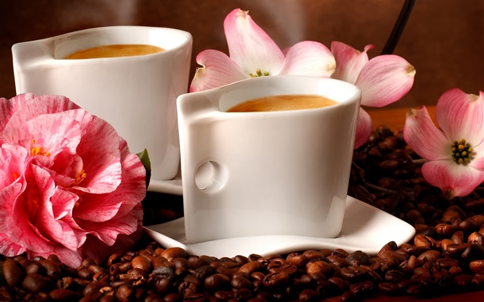 Zwei Tassen Kaffee, Aroma, Kaffeebohnen , Blumen Hintergrundbilder Bilder