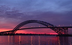 USA, New Jersey, Bayonne-Brücke, Fluss, Sonnenuntergang, Dämmerung HD Hintergrundbilder