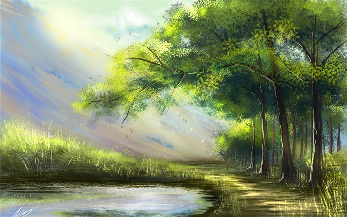 Schöne Malerei, Wald, See, Bäume Hintergrundbilder Bilder