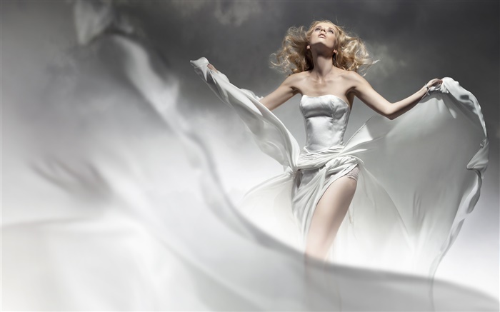 Blonde Mädchen, weißes Kleid, Wind, wie Engel Hintergrundbilder Bilder
