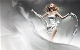 Blonde Mädchen, weißes Kleid, Wind, wie Engel HD Hintergrundbilder
