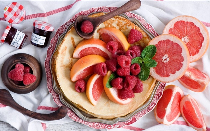 Frühstück, Pfannkuchen, Grapefruit-Scheibe, rote Himbeere Hintergrundbilder Bilder