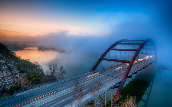 Brücke, Fluss, Nebel, Bäume, Wolken, Morgendämmerung Hintergrundbilder Bilder