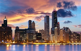 Chicago, USA, Fluss, Häuser, Abend, Lichter
