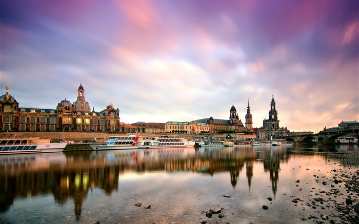 Dresden, Deutschland, Morgen, Gebäude, Boote, Elbe Hintergrundbilder Bilder
