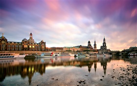 Dresden, Deutschland, Morgen, Gebäude, Boote, Elbe HD Hintergrundbilder