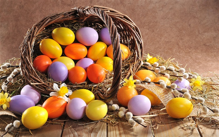 Ostern, Eier, Frühling, Weidenzweigen , Korb Hintergrundbilder Bilder