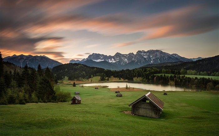 Deutschland, Bayern, Alpen, Berge, Häuser, Bäume, See Hintergrundbilder Bilder