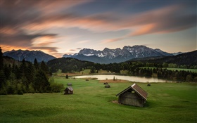 Deutschland, Bayern, Alpen, Berge, Häuser, Bäume, See HD Hintergrundbilder