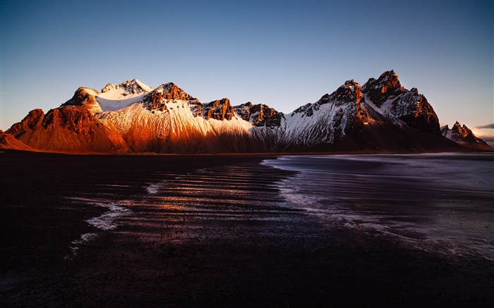 Island, Stokksnes, Gebirge, Meer, Sonnenuntergang Hintergrundbilder Bilder