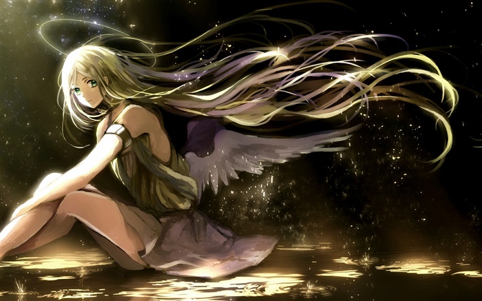 Lange Haare anime Mädchen, Flügel, Engel, Licht Halo Hintergrundbilder Bilder