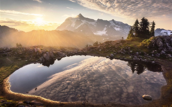 Berge, Teich, Wasser Reflexion, Morgendämmerung , Sonnenaufgang Hintergrundbilder Bilder