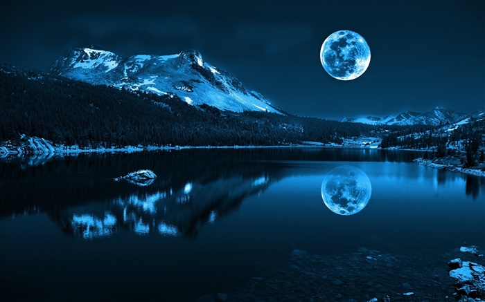 Nacht, Mond, See, Berge, Reflexion, Steine Hintergrundbilder Bilder