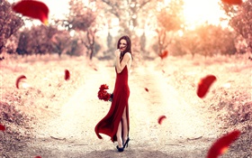 Rotes Kleid Mädchen, Rosenblätter , Sonne HD Hintergrundbilder