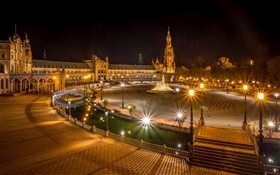 Sevilla, Spanien, Platz, Gebäude, Nacht, Lichter HD Hintergrundbilder