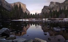 Yosemite Park, Tal, Berge, See, Bäume, Steine HD Hintergrundbilder