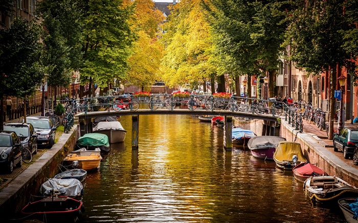 Amsterdam, Niederlande, Brücke, Fluss, Boote, Häuser, Bäume, Herbst Hintergrundbilder Bilder