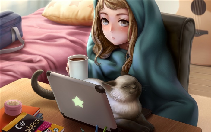 Anime-Mädchen Verwendung Laptop, Raum, Katze, Tee Hintergrundbilder Bilder