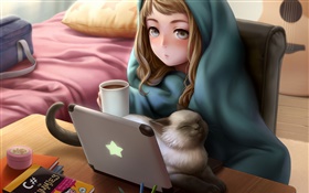 Anime-Mädchen Verwendung Laptop, Raum, Katze, Tee HD Hintergrundbilder
