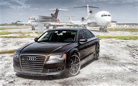 Audi-Limousine, schwarzes Auto, Flugzeuge, Flughafen HD Hintergrundbilder