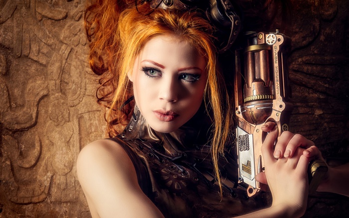 Schöne blonde Mädchen, Waffe, Steampunk -Stil Hintergrundbilder Bilder