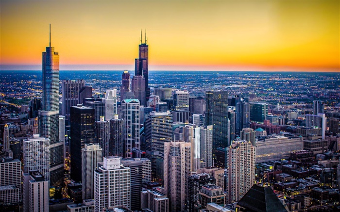 Chicago, Illinois, USA, Stadt, Abenddämmerung , Wolkenkratzer, Sonnenuntergang Hintergrundbilder Bilder