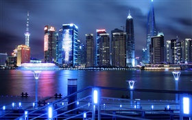 China, Shanghai, Stadt der Nacht, Wolkenkratzer, Lichter, Fluss HD Hintergrundbilder