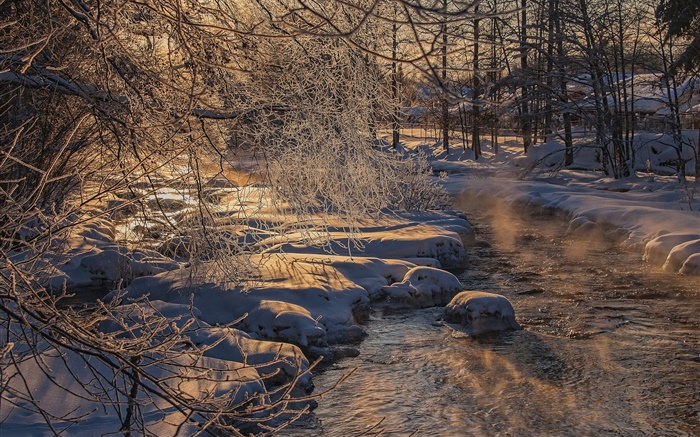 Kalter Winter, Bäume, Fluss, dicken Schnee Hintergrundbilder Bilder