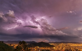 Abend, Blitzschlag , Wolken, Stadt, Lichter, Sturm HD Hintergrundbilder