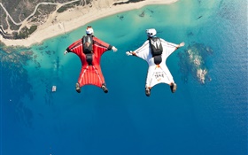 Extremsportarten , Fallschirm , Fliegen, Meer, Strand HD Hintergrundbilder