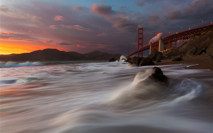 Golden Gate Bridge, Marshall Strand, Meer, USA, San Francisco , Nacht, Wolken Hintergrundbilder Bilder