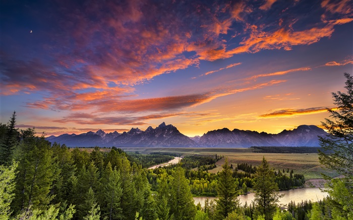 Grand Teton National Park, USA, Gebirge, Fluss, Bäume, Wolken, Sonnenuntergang Hintergrundbilder Bilder