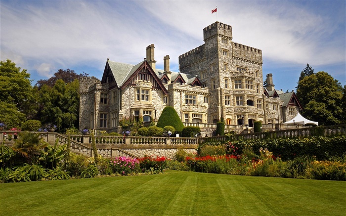 Hatley Castle, Kanada, Haus, Park, Blumen, Rasen Hintergrundbilder Bilder