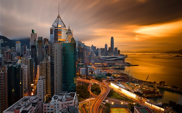 Hong Kong, China, Stadt Nacht, Hafen, Himmel, Gebäude, Nacht Hintergrundbilder Bilder