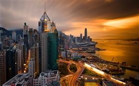Hong Kong, China, Stadt Nacht, Hafen, Himmel, Gebäude, Nacht