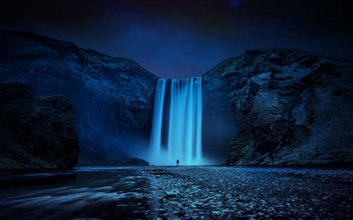Island, Felsen, Wasserfall, Nacht Hintergrundbilder Bilder