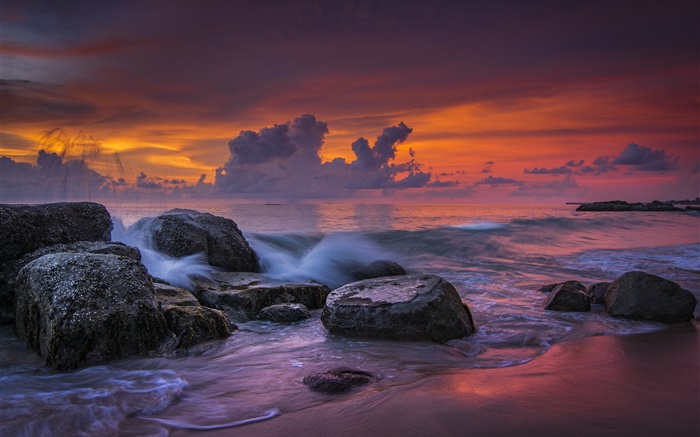 Strand von Khao Lak, Thailand, Meer, Sonnenuntergang, Steine Hintergrundbilder Bilder